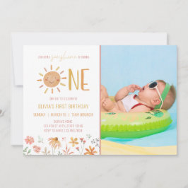 Floral Little Sunshine 1st Birthday Photo Invite Kaart