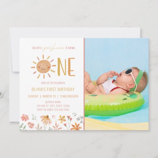 Floral Little Sunshine 1st Birthday Photo Invite Kaart (Voorkant)