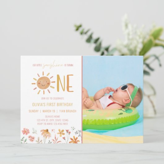 Floral Little Sunshine 1st Birthday Photo Invite Kaart (Staand voorkant)