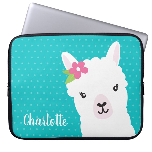 Floral Llama Alpaca Blauwgroen gepersonaliseerd Laptop Sleeve (Voorkant)