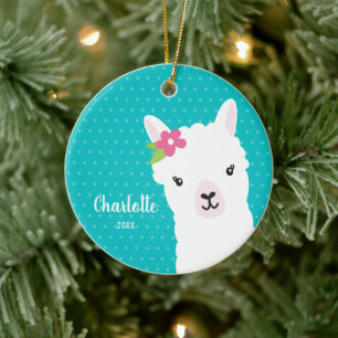 Floral Llama Alpaca Blauwgroen kerstfeest Keramisch Ornament
