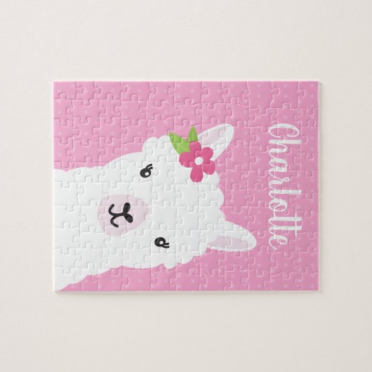 Floral Llama Alpaca Pink Aangepaste Kinderen Legpuzzel (Horizontaal)