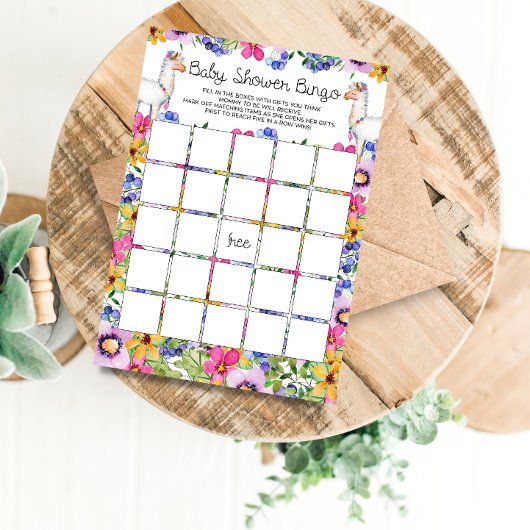 Floral Llama Baby shower Bingo Game Kaart