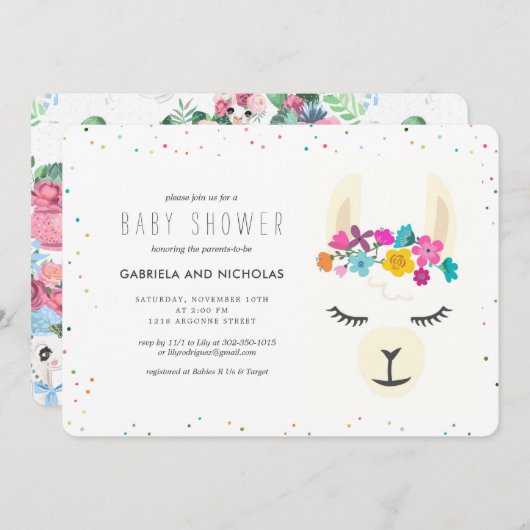 Floral Llama Baby shower Uitnodiging (Voorkant / Achterkant)