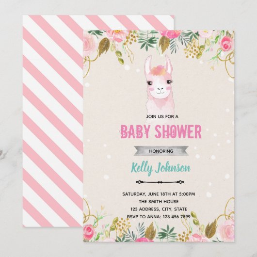 Floral llama baby shower verjaardag kaart (Voorkant / Achterkant)