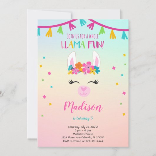 Floral Llama Birthday Uitnodiging (Voorkant)