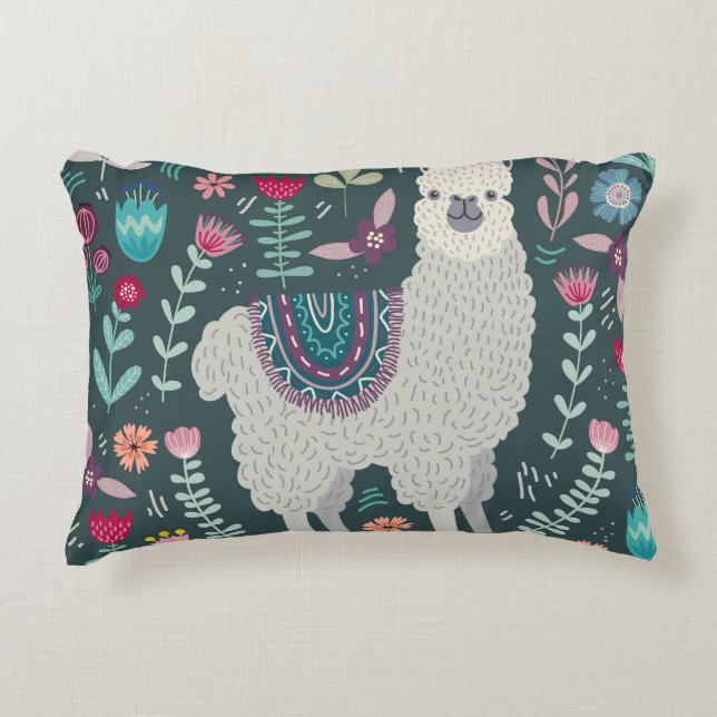 Floral Llama:  handgetekende Doodles Accent Kussen (Voorkant)