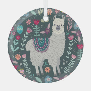 Floral Llama:  handgetekende Doodles Glas Ornament