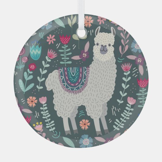 Floral Llama: handgetekende Doodles Glas Ornament (Voorkant)