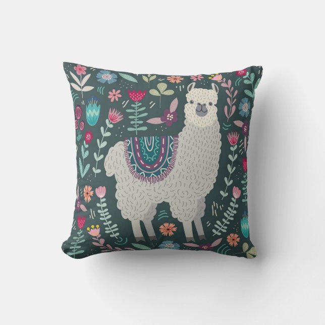 Floral Llama:  handgetekende Doodles Kussen (Voorkant)