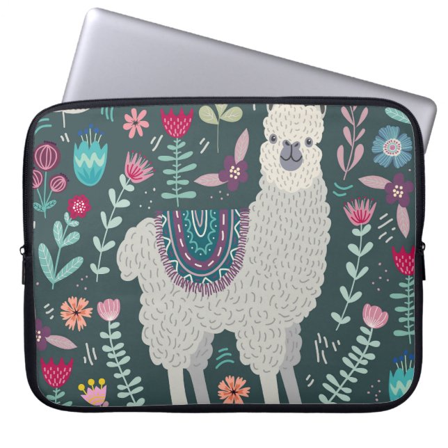 Floral Llama:  handgetekende Doodles Laptop Sleeve (Voorkant)