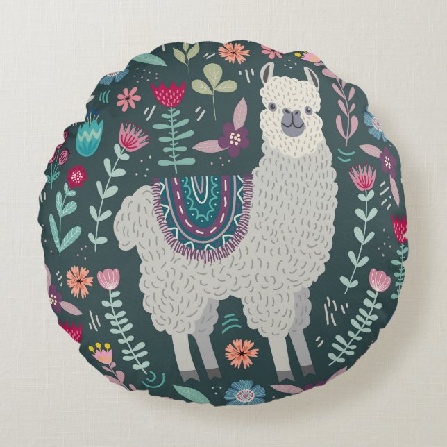 Floral Llama:  handgetekende Doodles Rond Kussen (Voorkant)