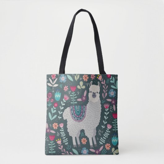 Floral Llama:  handgetekende Doodles Tote Bag (Voorkant)