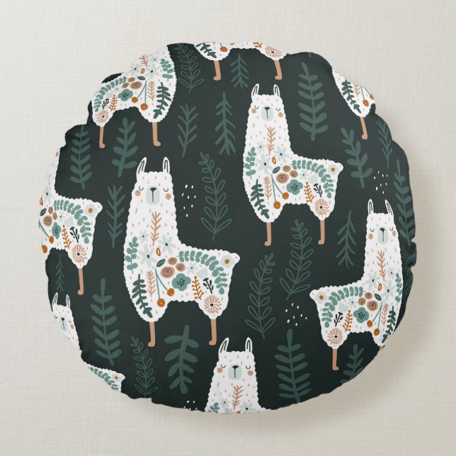 Floral Llamas Schattigee  textuur Rond Kussen (Voorkant)