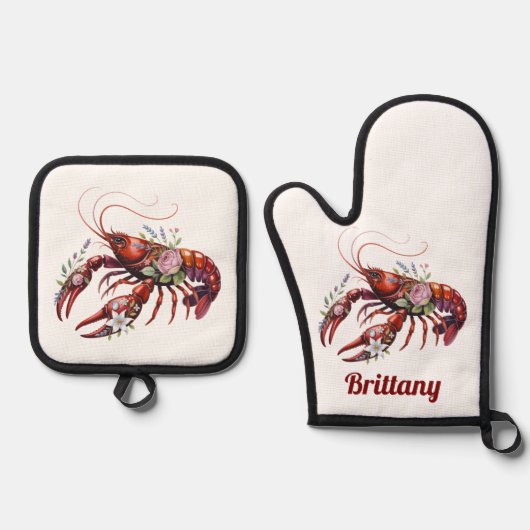 Floral Lobster Crawfish Art Custom Ovenwant & Pannenlap Set (Voorkant)