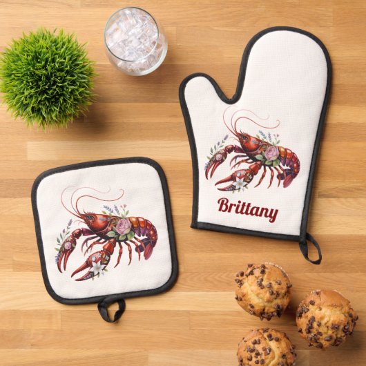 Floral Lobster Crawfish Art Custom Ovenwant & Pannenlap Set (Top down)
