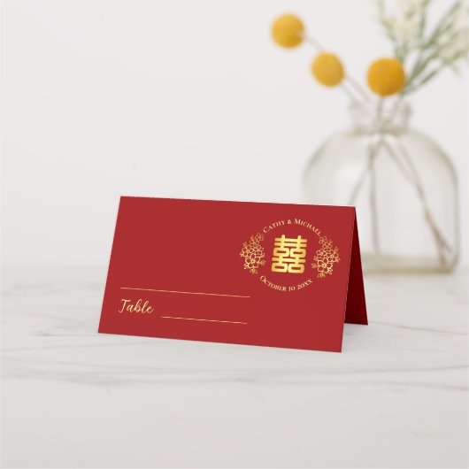 Floral logo chinese bruiloft dubbel geluk rood plaatskaartje (Voorkant)