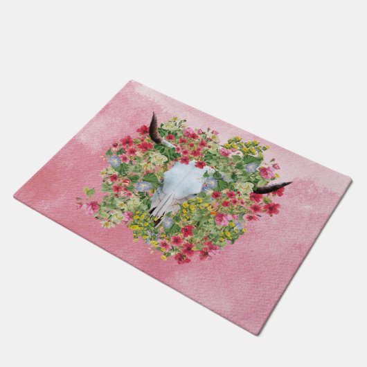 Floral Longhorn Skull op waterverf achtergrond Deurmat (Schuin)