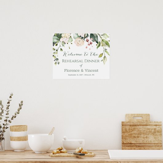 Floral, loof, repetitie, diner welkomstbord poster (Keuken)