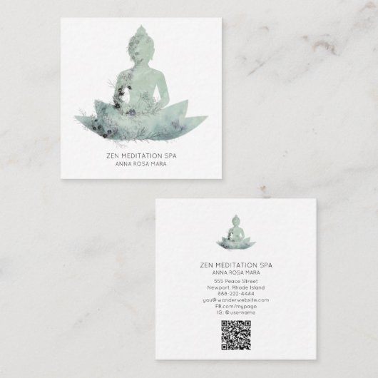 *~* Floral Lotus Buddha Meditation QR AP33 SAGE Vierkante Visitekaartje (Voorkant / Achterkant)