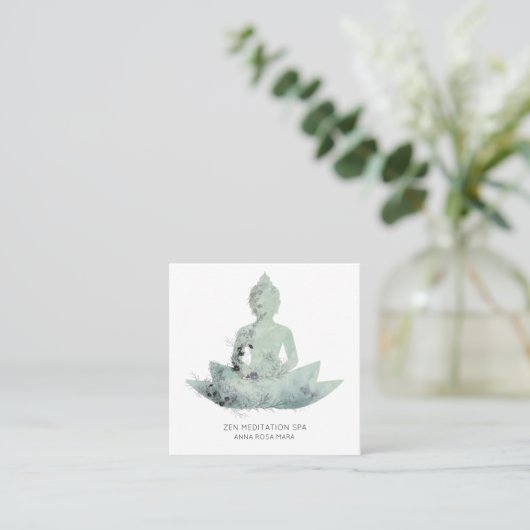*~* Floral Lotus Buddha Meditation QR AP33 SAGE Vierkante Visitekaartje (Staand voorkant)