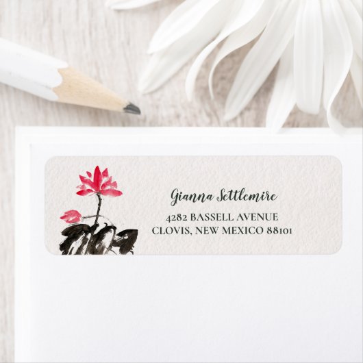 Floral Lotus Red and Black Freehand Waterverf Etiket (Insitu)