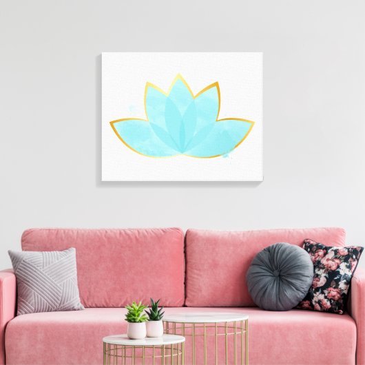 Floral Lotus Waterverf Seafoam Blue & Faux Gold Canvas Afdruk (Insitu (Woonkamer))