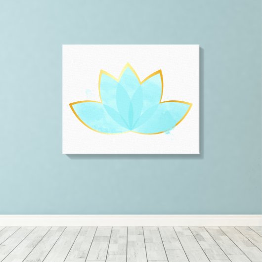 Floral Lotus Waterverf Seafoam Blue & Faux Gold Canvas Afdruk (Insitu (Houten vloer))