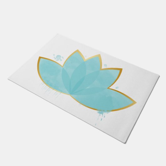 Floral Lotus Waterverf Seafoam Blue & Faux Gold Deurmat (Schuin)