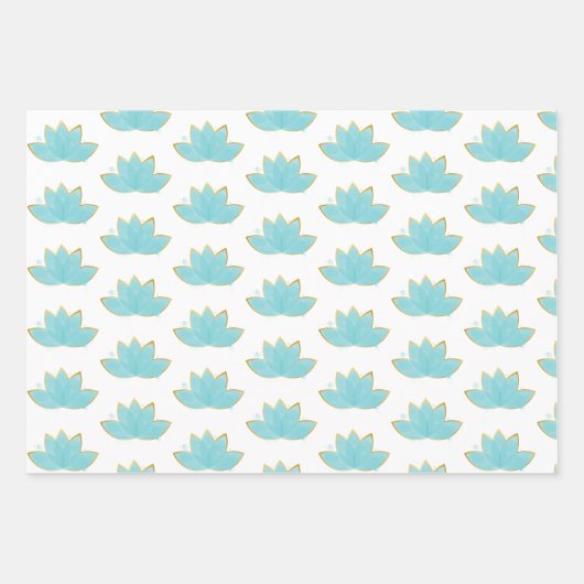 Floral Lotus Waterverf Seafoam Blue & Faux Gold Inpakpapier Vel (Voorkant 3)