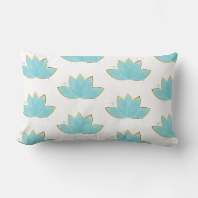 Floral Lotus Waterverf Seafoam Blue & Faux Gold Kussen (Voorkant)