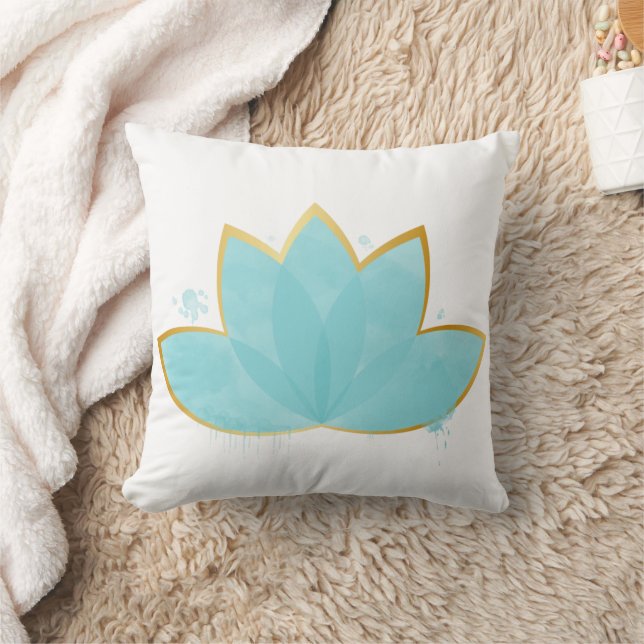 Floral Lotus Waterverf Seafoam Blue & Faux Gold Kussen (Deken)
