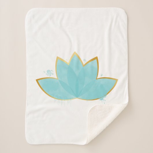Floral Lotus Waterverf Seafoam Blue & Faux Gold Sherpa Deken (Voorkant)