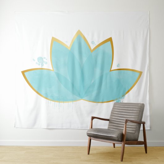 Floral Lotus Waterverf Seafoam Blue & Faux Gold Wandkleed (In Situ (horizontaal))