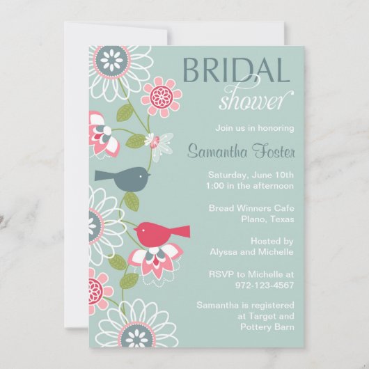 Floral Love Bird Bridal Shower Invitation Kaart (Voorkant)