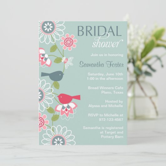 Floral Love Bird Bridal Shower Invitation Kaart (Staand voorkant)
