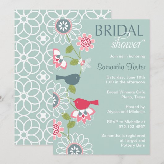 Floral Love Bird Bridal Shower Invitation Kaart (Voorkant / Achterkant)