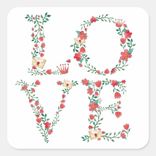 Floral LOVE Letters Valentijns Vierkante Sticker (Voorkant)