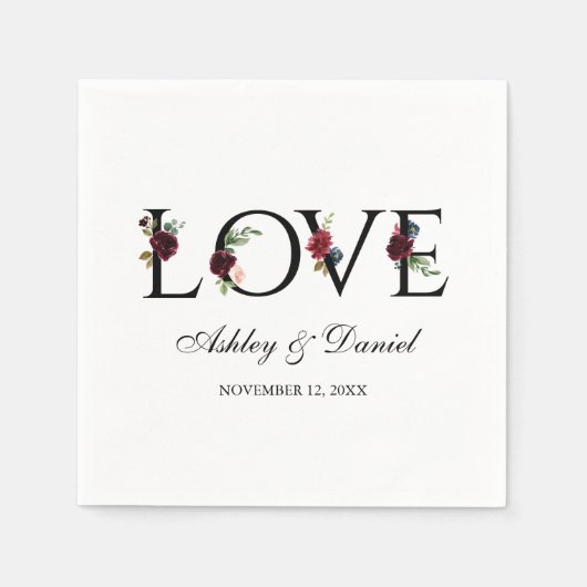 Floral Love Wedding Blue Burgundy Waterverf Servet (Voorkant)