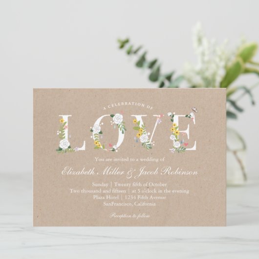 Floral Love Wedding Invite Kaart (Staand voorkant)