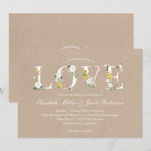 Floral Love Wedding Invite Kaart (Voorkant / Achterkant)