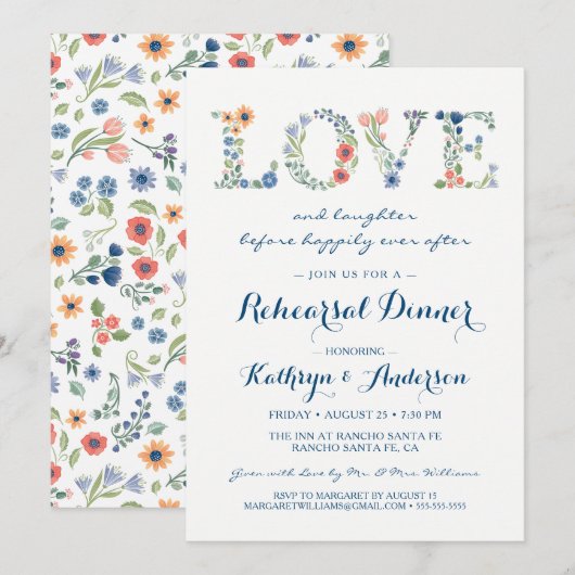 Floral Love Wedding Rehearsal Dinner Invitation Kaart (Voorkant / Achterkant)