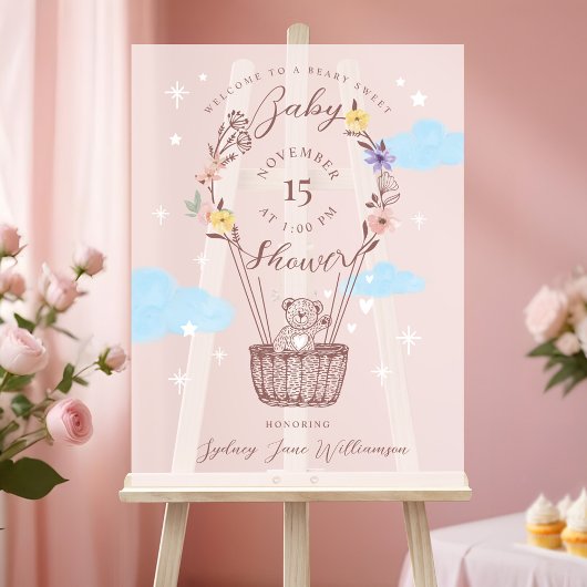 Floral luchtballon Teddy Bear roze Baby shower Acryl Bord