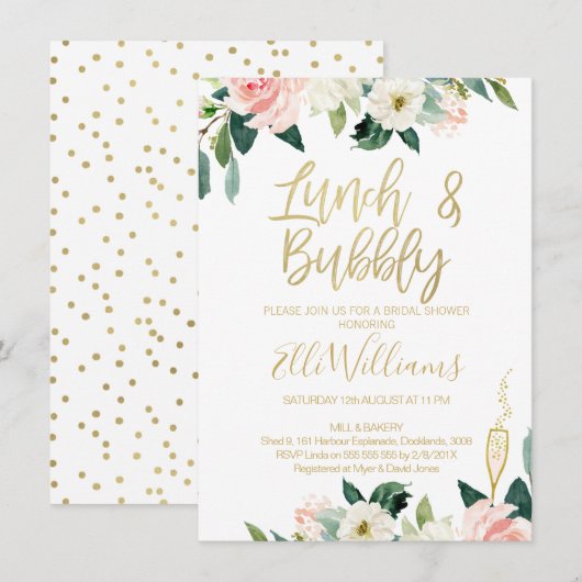 Floral Lunch & Bubble Bridal Shower Invitation Kaart (Voorkant / Achterkant)