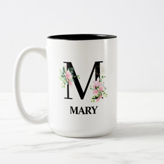  Floral M Initiaal monogram Tweekleurige Koffiemok (Links)