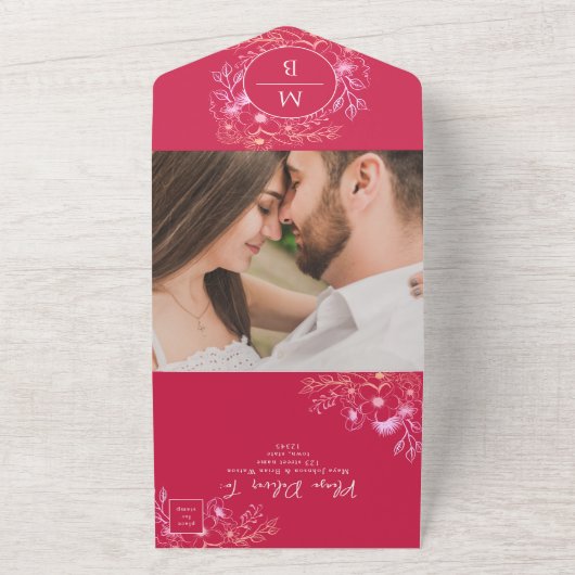 Floral Magenta All-in-One Wedding Uitnodigen All In One Uitnodiging (Buitenkant)