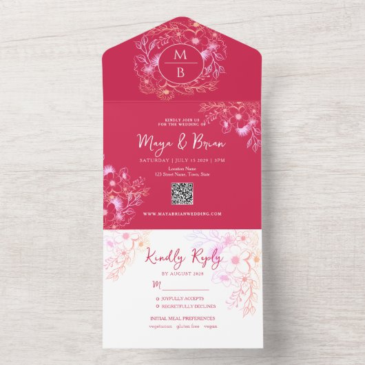 Floral Magenta All-in-One Wedding Uitnodigen All In One Uitnodiging (Binnen)