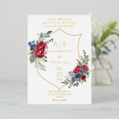 Floral Magenta Crest Monogram Weddenschap Folie Uitnodiging (Staand Voorkant)