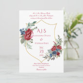 Floral Magenta Crest Monogram Weddenschap Kaart (Staand voorkant)