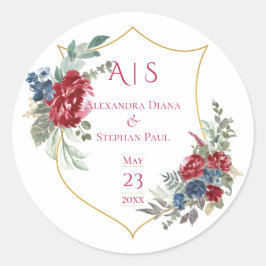 Floral Magenta Crest Monogram Weddenschap Ronde Sticker